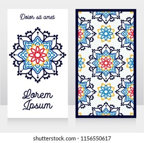 two cards with madala ornament, orient style, can be used for boho shop or as touristic banner, vector illustration