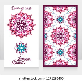 two cards with madala ornament, orient style, can be used for boho shop or as touristic banner, vector illustration