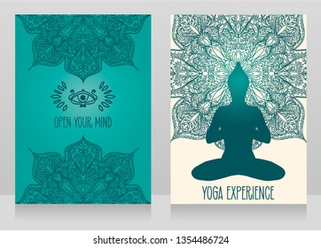 two cards with mandala ornaments and Buddha's silhouette, can be used for yoga studio, mint colors, vector illustration