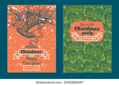 Two cards for Merry Christmas with holiday bells, vector illustration