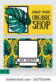 Two cards with monstera leaves, can be used as business cards for organic shop, sketch style vector illustration