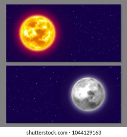 Two cards, moon, sun, night background, copy space, realistic. Flyers and posters on cosmos theme, design for all. Vector background on astronomical matter