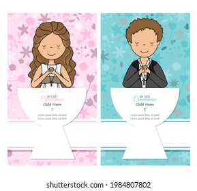 Two cards my first communion for boy and girl. Children praying. Space for text