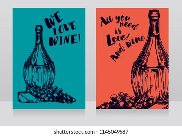 Two cards with old-fashioned wine bottle for wine party, bottle braided in italian style, can be used for tourism or as menu cover, vector illustration in sketch style