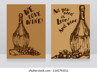 Two cards with old-fashioned wine bottle for wine party, bottle braided in italian style, can be used for tourism or as menu cover, brown palette, vector illustration in sketch style