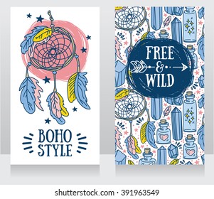 two cards with ornament and dream catcher in boho style, vector illustration