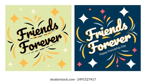  Two cards with pink backgrounds and scalloped edges the top card reads Friends Forever in blue cursive and the bottom card says Happy Friendship Day in festive multicolored font Colorful star