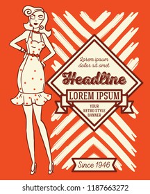 Two cards in retro american style with 1950s styled doodle woman, can be used as retro party invitation or as flyer for pin up shop, vector illustration