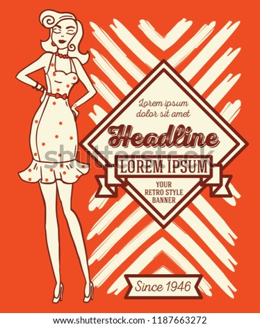 Two cards in retro american style with 1950s styled doodle woman, can be used as retro party invitation or as flyer for pin up shop, vector illustration