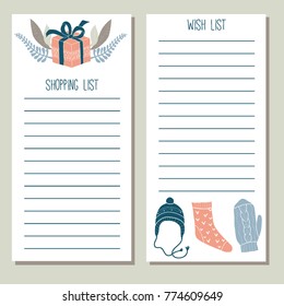 Two cards with Shopping and Wish lists. Vector set of hand drawn New Year and Christmas holidays to do lists. Printable checklist. Winter party organization
