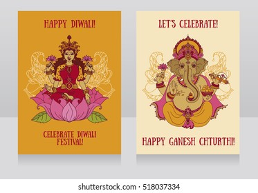 Two cards with sitting Lord Ganesha and indian goddes Lakshmi, vector illustration