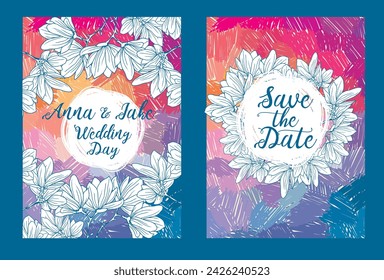Two cards for spring or summer artistic wedding day, hand drawn style vector illustration