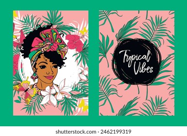 Two cards for summer exotic party with beautiful lady, can be used as touristic flyer, vector illustration