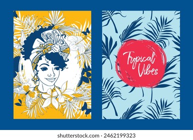 Two cards for summer exotic party with beautiful lady, can be used as touristic flyer, vector illustration