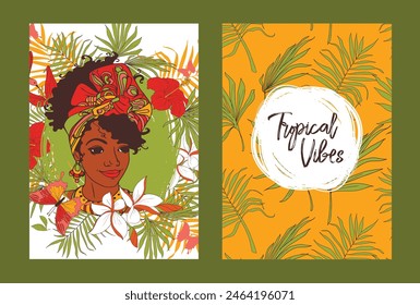 Two cards for summer exotic party with beautiful lady, can be used as touristic flyer, vector illustration