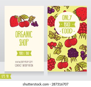 two cards with summer fresh berries, can be used as business cards for smoothie bar, vector illustration