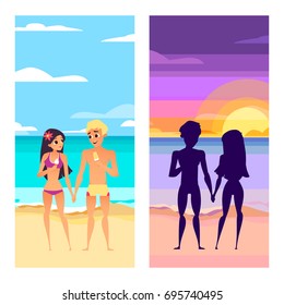 Two cards. Summer and night beach. Couple in love