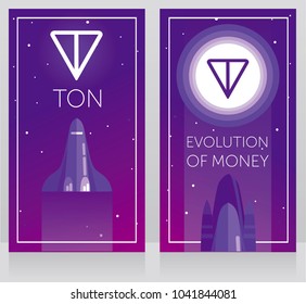 two cards for telegram cryptocurrency - ton and new space technology, space shuttle fly to ton logotype on the moon, ultra violet color, cosmic vector illustration