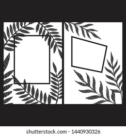 Two cards template with monochrome palm leaves and frames. Modern jungle background for invitations, presentations, prints, cards, thank you cards. Black pattern leaves on white isolated background.