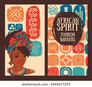 Two cards for travels with beautiful african woman, can be used for travel agency, vector illustration