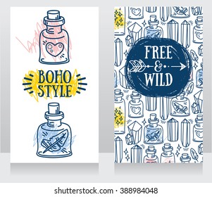 two cards in tribal style with doodle magical flasks, vector illustrations