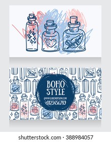 two cards in tribal style with doodle magical flasks, vector illustrations