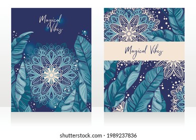 Two cards with tropical leaves and mandala ornament in the night, posters for magical vibes, can be used as party invitation, vector illustration