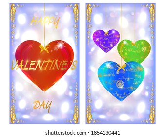 Two cards for Valentine's Day. Decorative colored hearts on a light blue background with bokeh effect. Festive design in vector.