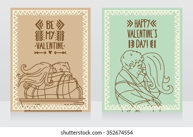 two cards for valentine's day with kissing couples, vector illustration