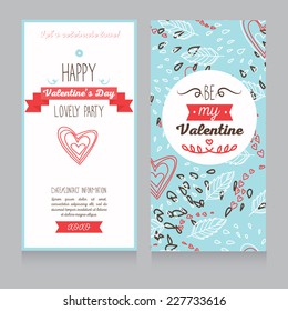 two cards for valentine's day party, cute hand drawn floral design, vector illustration
