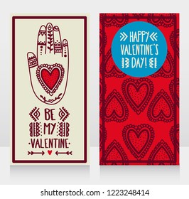 two cards for valentine's day with tattooed hand, can be used as invitations for boho style valentine party, doodle vector illustration