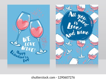 Two cards for valentine's day and wine party, can be used as menu cover for wine bar, pink and blue colors, vector illustration