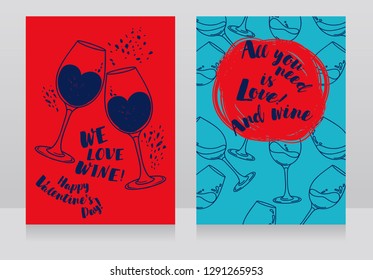 Two cards for valentine's day and wine party, can be used as menu cover for wine bar, red and blue colors, vector illustration