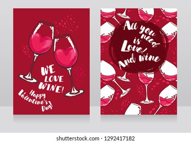 Zwei Karten für den Valentinstag und Weinfeier, können als Menüabdeckung für Weinbar, Marsala-Farbe, Vektorillustration-Illustration verwendet werden