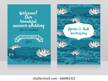 two cards for wedding with water lilies, sketch style vector illustration 