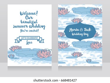 two cards for wedding with water lilies, sketch style vector illustration 