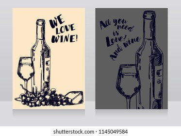 Two cards with wine bottle, glass and cheese for wine party, can be used for tourism or for wine tasting, gray palette, vector illustration in sketch style