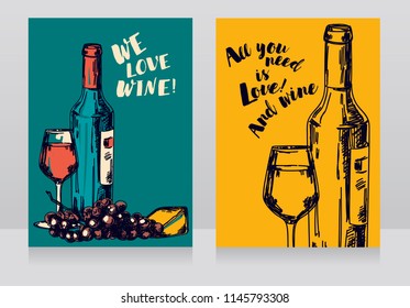 Two Cards With Wine Bottle, Glass And Cheese For Wine Party, Can Be Used For Tourism Or For Wine Tasting, Vector Illustration In Sketch Style