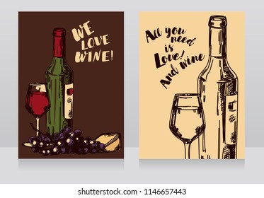 Two Cards With Wine Bottle, Glass And Cheese For Wine Party, Can Be Used For Tourism Or For Wine Tasting, Vector Illustration In Sketch Style