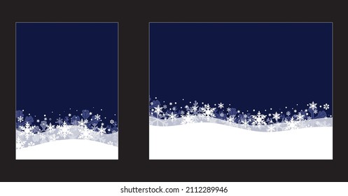 Two cards with a winter background. Dark blue base with white snow and snowflakes. Vector illustration, flat cartoon color design, isolated on black background, eps 10.