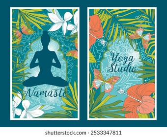 Duas cartas para ioga e estúdio de meditação com decoração tropical, ilustração vetorial