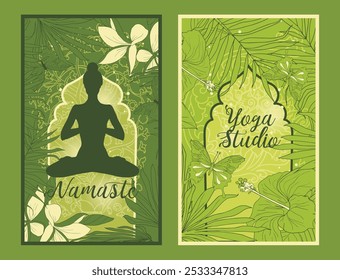 Two cards for yoga and meditation studio with tropical decoration, vector illustration