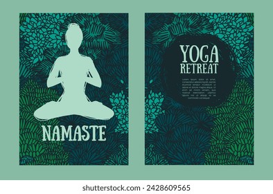 Two cards for yoga retreat with human in lotus asana and doodle floral pattern, vector illustration