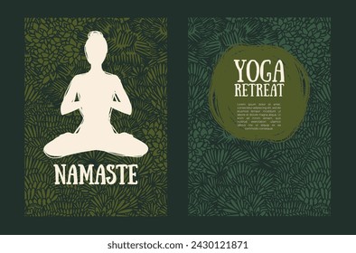 Two cards for yoga retreat with human in lotus asana and doodle floral pattern, vector illustration