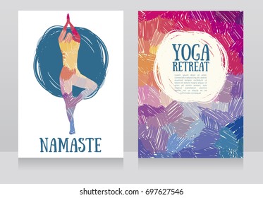 two cards for yoga retreat or yoga studio, funky colors, vector illustration