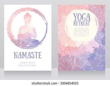 two cards for yoga studio with Buddha silhouette on artistic background, can be used as greeting card for Buddha birthday, tender colors, vector illustration