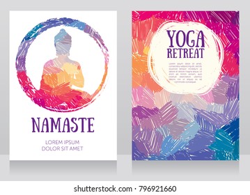 two cards for yoga studio with Buddha silhouette on artistic background, can be used as greeting card for Buddha birthday, funky palette,  vector illustration