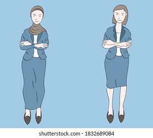 Two career female characters wear office clothes and a hijab. Hand drawn style vector design illustrations