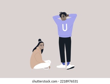 Two carefree teenagers spending time together, students having a break