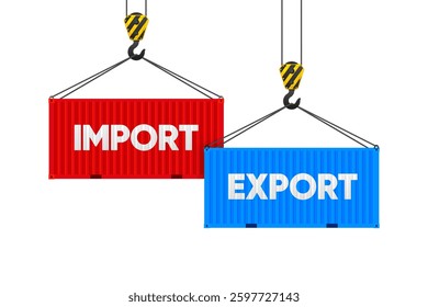 Two cargo containers with import and export. Port crane lift two cargo containers. Transport logistic. Vector illustration.